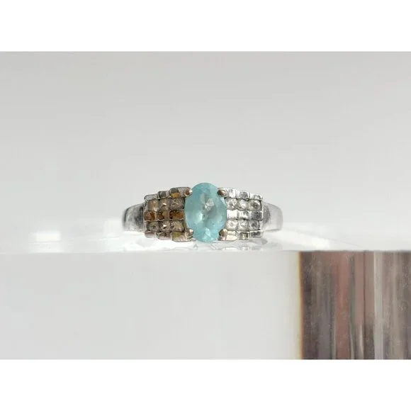 Natural Aquamarine Geoemtric 925 Sterling Silver Vintage Ring - sz 7.25 - Picture 2 of 16